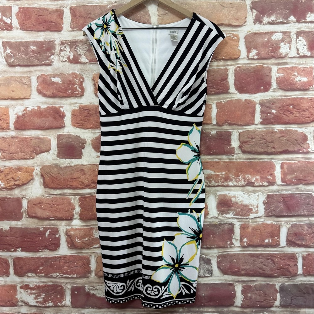 VTG Cache Dress Women's M Black White Multicolor Striped Tropical Floral Zip Up